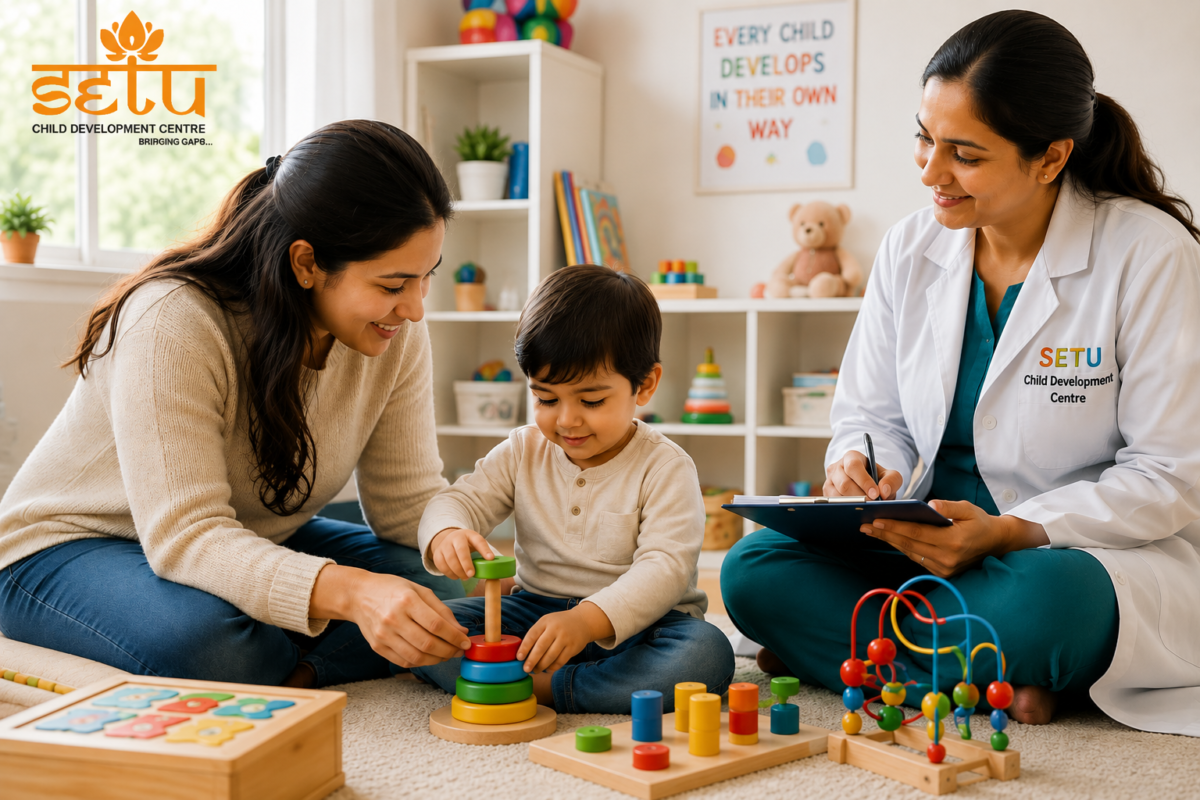 Early signs of autism in children with a parent interacting with a toddler during a developmental assessment.