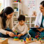 Early signs of autism in children with a parent interacting with a toddler during a developmental assessment.